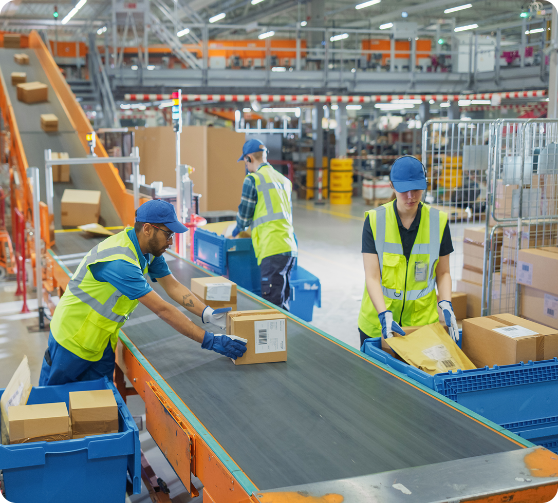 Workers sorting packages on conveyor belt